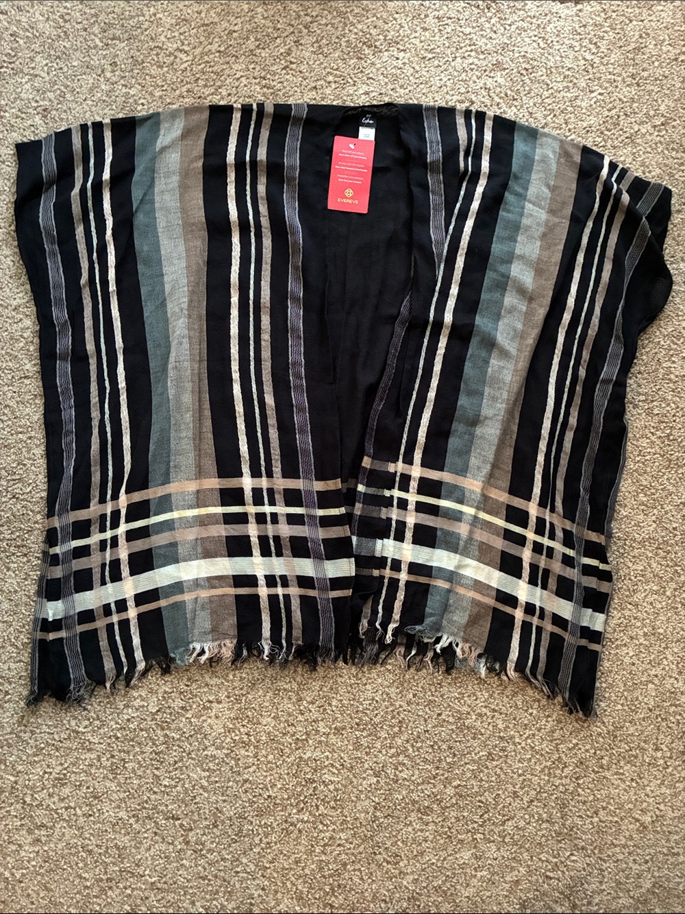 NWT Echo Evereve Poolside Plaid Open Cardi Cardigan Black Fringe One Size